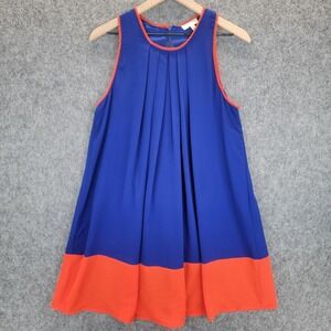 Umgee Dress Womens S Blue Orange Sleeveless Pleated Swing Shift Pom Pom Trim